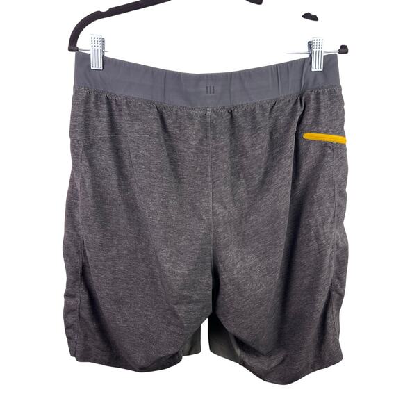 Lululemon Lined Training Shorts Gray Yellow Zip Mesh Pockets Men’s Large Workout - Picture 2 of 16
